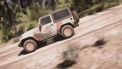 A White Jeep With A Jurassic Park Logo On The Side GIF