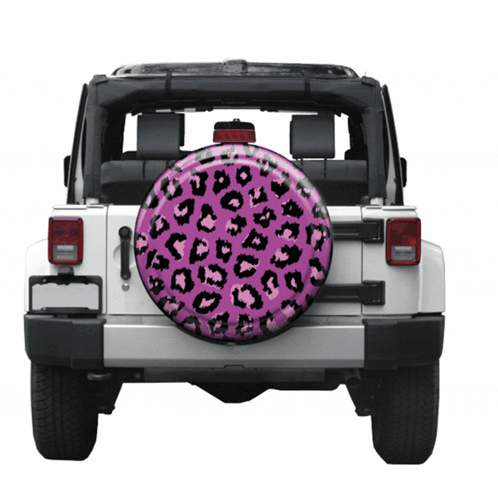 A White Jeep With A Pink And Black Leopard Print Tire Cover GIF