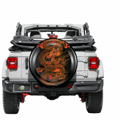 A White Jeep With A Tire Cover With A Dragon Design On It GIF