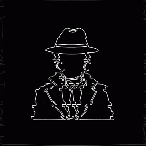 A White Line Drawing Of A Man Wearing A Hat And Coat . GIF
