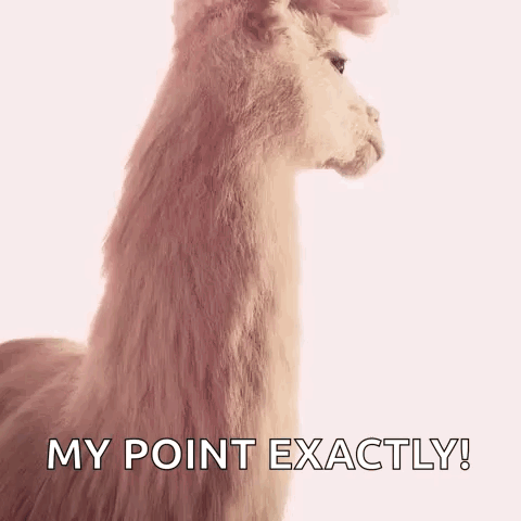 A White Llama Is Standing On A Pink Background With The Words `` My Point Exactly '' Written Below It . GIF