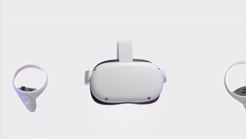 A White Oculus Quest 2 Headset And Controllers On A Purple Background GIF