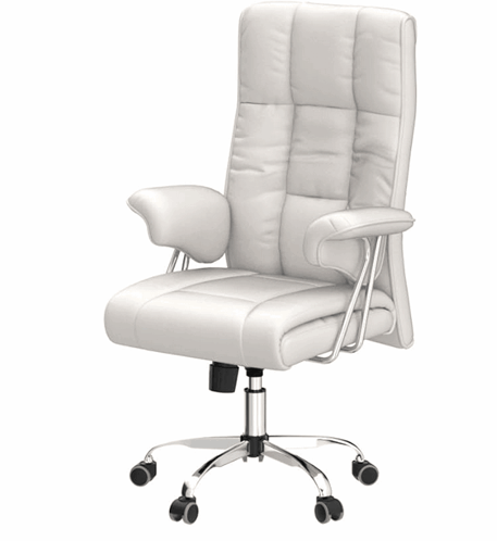 A White Office Chair With A Chrome Base And Wheels On A White Background GIF