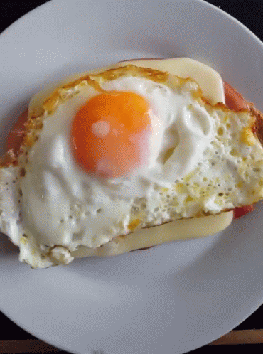A White Plate Topped With A Fried Egg And A Piece Of Meat GIF