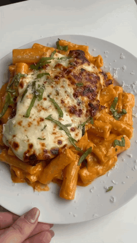 A White Plate Topped With Pasta And A Piece Of Chicken GIF