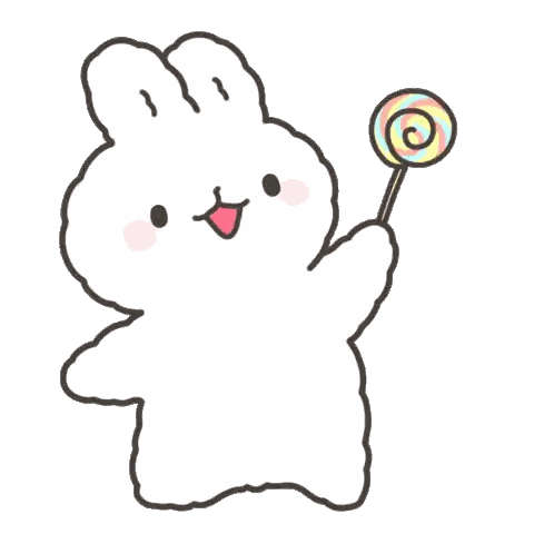 a white rabbit is holding a colorful lollipop