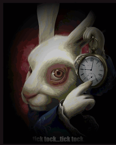A White Rabbit Is Holding A Pocket Watch And The Words " Tick Tock Tick Tock " Are Below It GIF