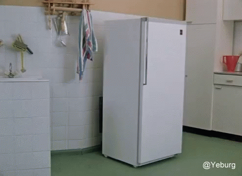 A White Refrigerator In A Kitchen With The Words Yeburg At The Top GIF