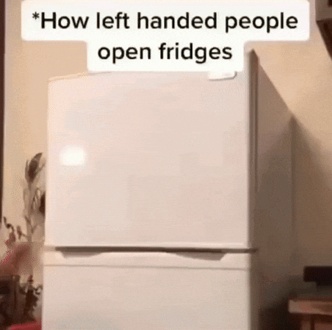 A White Refrigerator With The Words `` How Left Handed People Open Fridges '' Above It . GIF