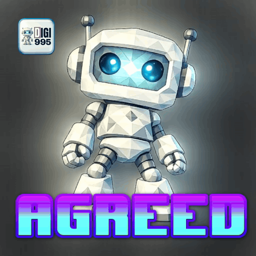 A White Robot With Blue Eyes And The Word Agreed On The Bottom GIF