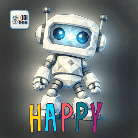 A White Robot With Blue Eyes Is Standing Next To The Words Happy GIF