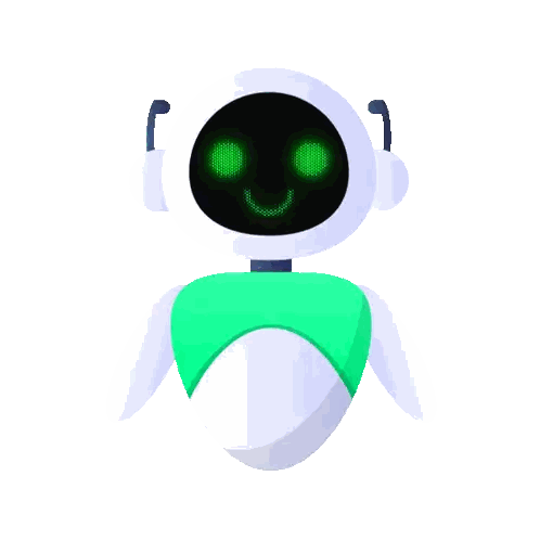 a white robot with green eyes is wearing a green shirt
