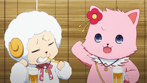 A White Sheep And A Pink Cat Are Eating And Drinking GIF