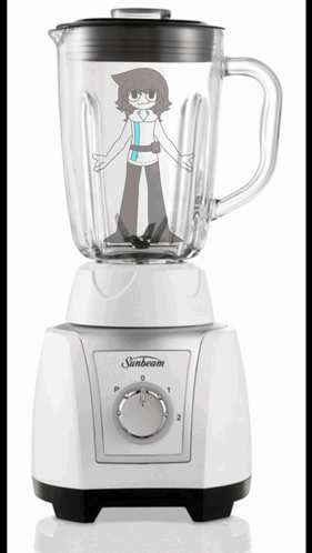 A White Sinbeam Blender With A Cartoon Character On It GIF