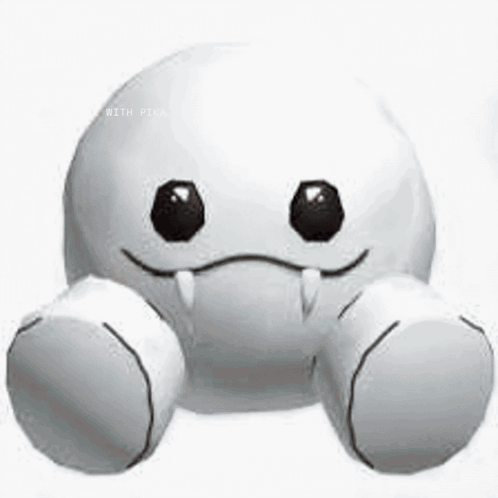 A White Stuffed Animal With Black Eyes And Teeth Is Smiling . GIF