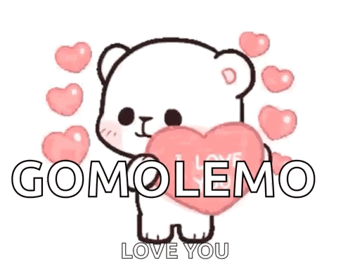 A White Teddy Bear Holding A Pink Heart With The Words " Gomolemo Love You " Surrounded By Pink Hearts GIF