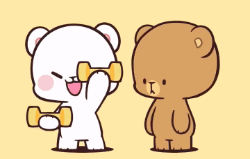 A White Teddy Bear Is Lifting A Yellow Dumbbell While A Brown Teddy Bear Looks On GIF