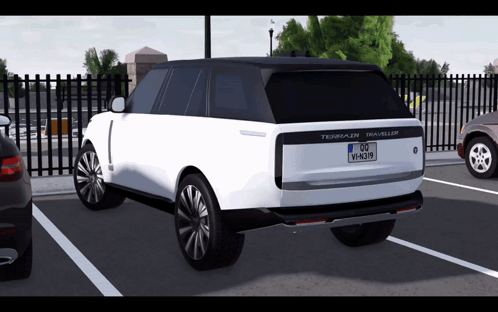 A White Terrazin Traveler Is Parked In A Parking Lot With Other Cars GIF