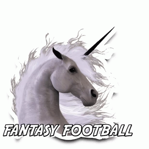 A White Unicorn With A Football Sticking Out Of Its Horn And The Words Fantasy Football Below It GIF