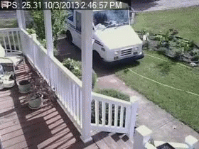 A White Van Is Parked In Front Of A Porch With The Time Of 2:46 57 Pm GIF
