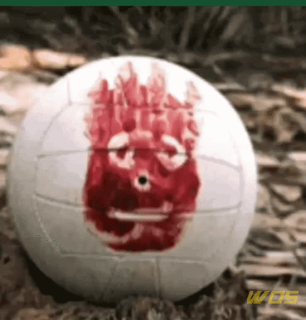 A White Volleyball With A Red Face Painted On It Sits On The Ground GIF