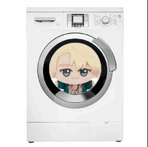 A White Washing Machine With A Picture Of A Girl In The Door GIF