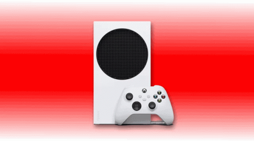 A White Xbox Series S Console With A Controller On A Red Background GIF