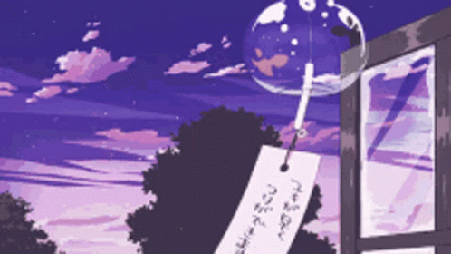 A Wind Chime Hangs From A Window With A Purple Sky In The Background GIF