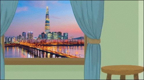 A Window With A View Of A City And A Bridge GIF