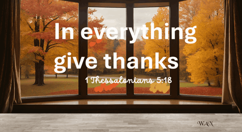 a window with autumn leaves and the words in everything give thanks