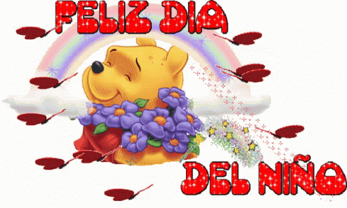 A Winnie The Pooh Bear With Flowers Around His Neck And The Words " Feliz Dia Del Niño " GIF