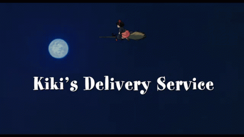 A Witch On A Broom With The Words Kiki 'S Delivery Service Above Her GIF