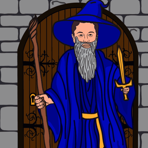 a wizard holding a sword and a cane in front of a door