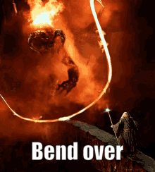 A Wizard Is Holding A Wand In Front Of A Demon And The Words Bend Over GIF