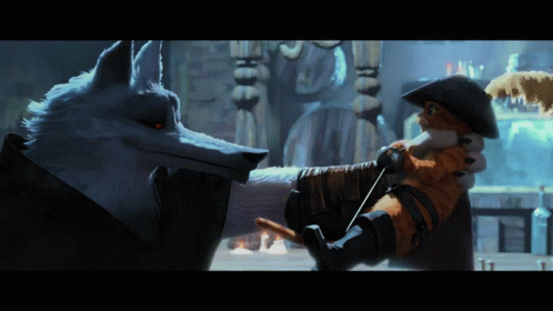 A Wolf And A Fox Standing Next To Each Other In A Dark Room GIF