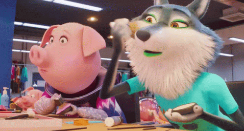 A Wolf And A Pig Are Standing Next To Each Other In A Room GIF