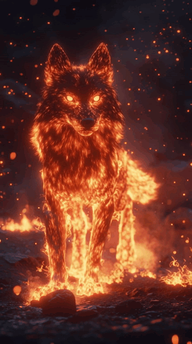A Wolf Covered In Flames With Glowing Red Eyes GIF