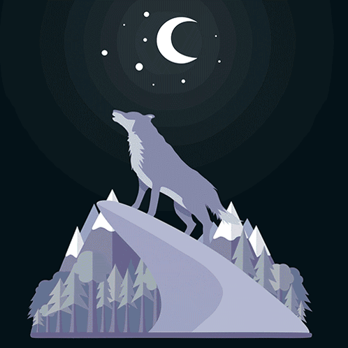 A Wolf Howling At The Moon With A Crescent Moon In The Sky GIF