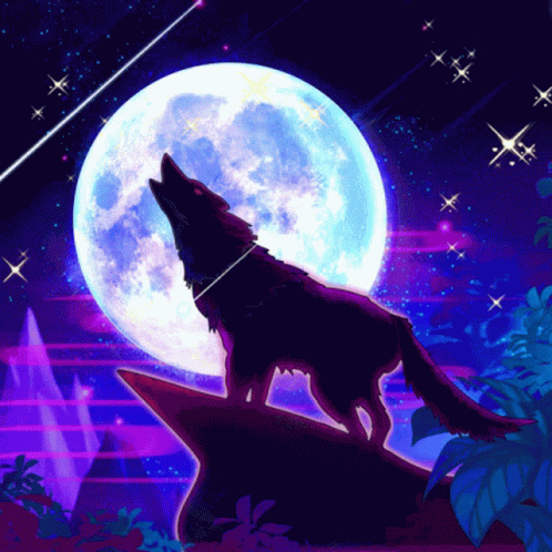 A Wolf Is Howling At The Full Moon In A Colorful Illustration GIF