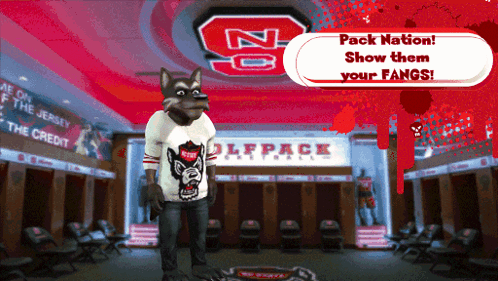 A Wolf Mascot Stands In A Locker Room With The Words Pack Nation Show Them Your Fangs GIF