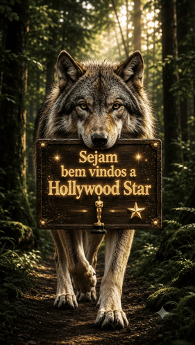 a wolf with a sign that says sejam bem vindos a hollywood star