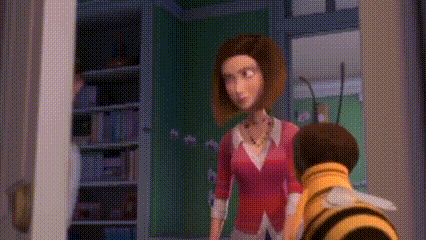 A Woman And A Bee Are Standing Next To Each Other In A Room In A Cartoon . GIF