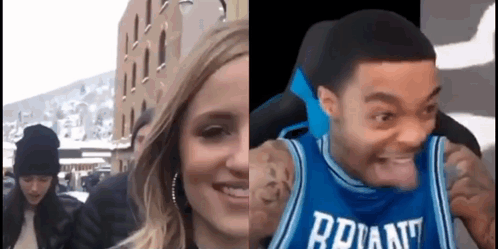 A Woman And A Man Are Standing Next To Each Other . The Man Is Wearing A Jersey That Says Bryant . GIF
