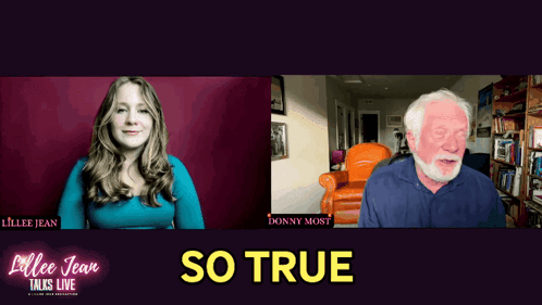 a woman and an older man are on a video call and the words so true are above them