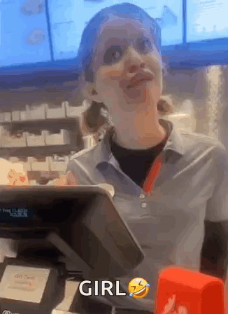 A Woman Behind A Counter With The Word Girl On The Bottom Right GIF