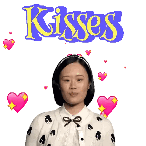 a woman blowing a kiss with hearts around her and the words kisses behind her
