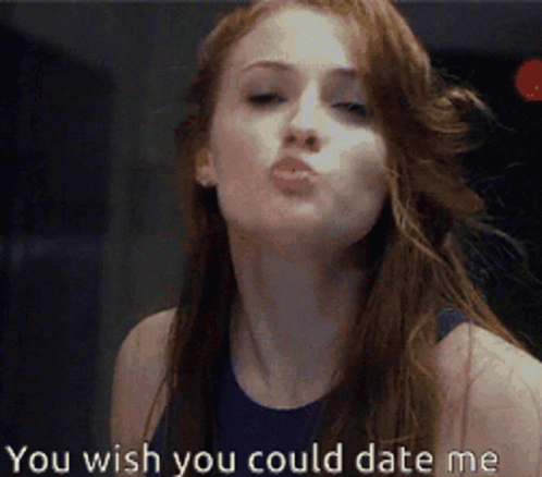 A Woman Blowing A Kiss With The Words You Wish You Could Date Me GIF
