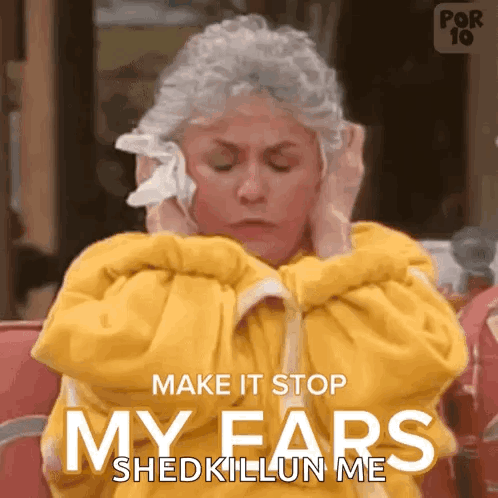 A Woman Covering Her Ears With A Napkin And The Words Make It Stop My Ears GIF