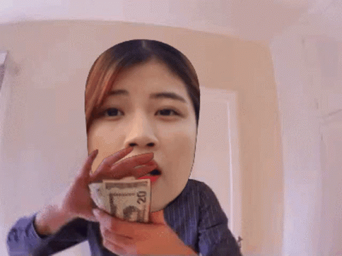 A Woman Covering Her Face With A Stack Of Money GIF