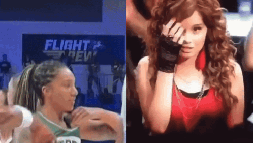 A Woman Covering Her Face With Her Hand In Front Of A Flight Crew Sign GIF